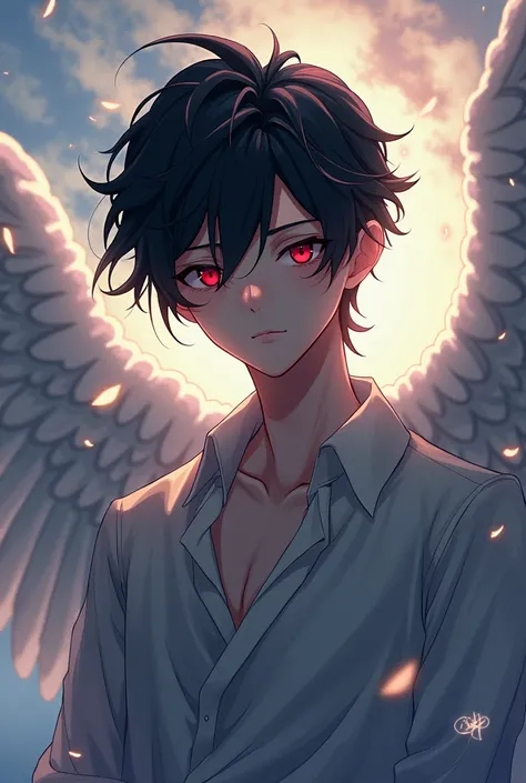 angel anime boyw ith black hair red eyes and is 21