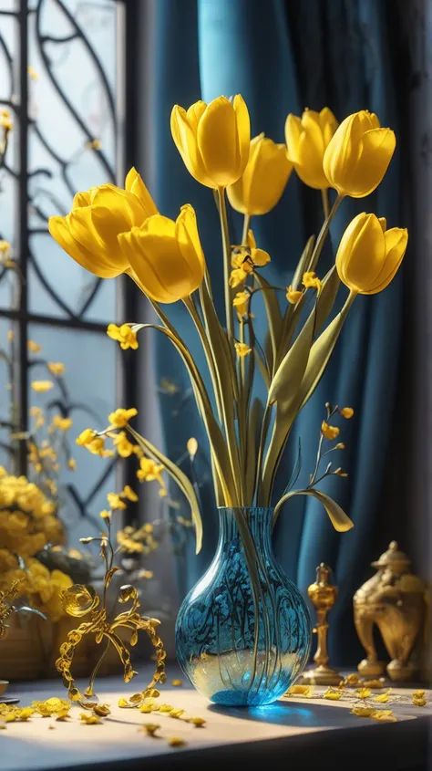 yellow and black czech glass,  tulip flowers are in a very long thin vase, soul,  fairy tale, soul、soul,  colorful , light blue,  gold,  Cinematic Lights , 8k, Bage design 、 High Quality 、 greatest masterpiece