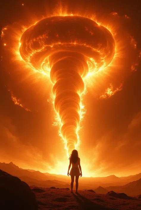 1girl standing at sun surface. looking huge solor tornado.focus on solar tornado. close-up of solar tornado.polar vortex.at ground, there is Solar flare, Solar spicule,solar prominence,Solar plage ,solar corona,coronal loops,dark filament,chromosphere,Sola...