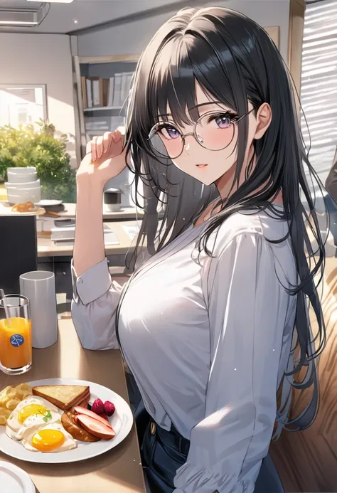 (( top quality)), (( masterpieces during breakfast )), ( Details), ( 1 Anime Girl ),  sexy, ( black hair), Bust 9０Big breasted OL in CM ,  young woman, OL and round glasses , (Woman in casual OL fashion), A corner of the office