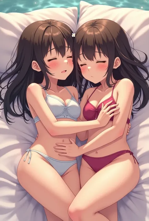 Anime twin beautiful elementary school students sleeping together in swimsuits