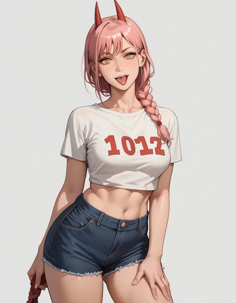 anime, face, pink hair, hazle eyes,braid hair,little red horn,tongue out,Chainsaw Man reference for character,Power,crop top,short pants,Score_9, Score_8_up, Score_7_up, Score_6_up, Score_5_up, Score_4_up, Source_anime, Tag1, Tag2, Quality_masterpiece, Ana...