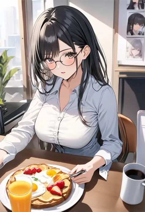 (( top quality)), (( masterpieces during breakfast )), ( Details), ( 1 Anime Girl ),  sexy, ( black hair), Bust 9０Big breasted OL in CM ,  young woman, OL and round glasses , (Woman in casual OL fashion), Woman working in an office