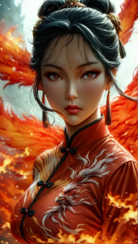  High Resolution ,  high detail,  High Quality ，martial arts， A Chinese Woman ，Bangs, Tuong Long Hair , strong figure，Big breasts，WEARING RED CHINESE KUNG FU DRESS， Phoenix Stripe Design ， Shine Effect ,  Ukiyoshi, 