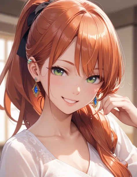 Age 25，   girl、       redhead、       long hair，       ponytail，     one woman earring  ，   upper body， smile ，  意地悪なsmile，Anime Images