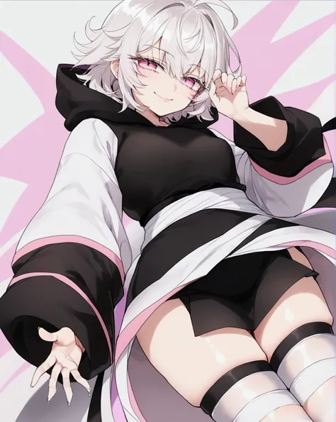 Femboy, White Short Messy Hair, Pink Eyes, Gentle Smile, Black Hoodie, Black Skirt, White Thigh High Socks