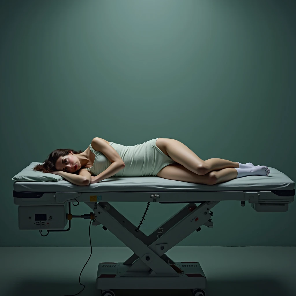 young woman wearing a tight surgical top with socks and tight white socks and no other clothes, laying down sleeping on a surgical table, looking **, , full picture, legs spread out wide,
