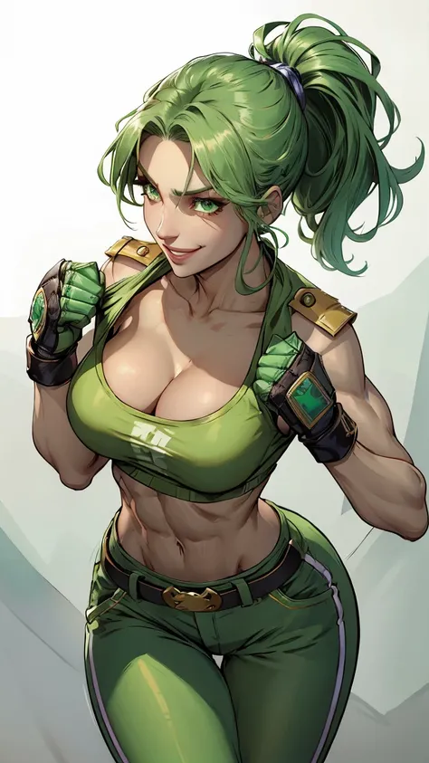 Arafe woman solo with ponytail hair、Fighting Game Fighter、Fitness Model、Big breasts about to burst、No exposed skin、Metallic light green combat uniform、thin and long legs,、Fitness Body Shape、half-pants、White belt、Pose ready to fight、Mischievous smile