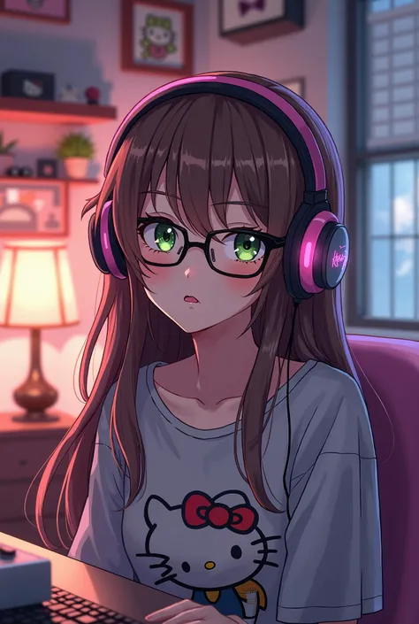 ,  outlined in a gamer room with Hello Kitty things,  Long hair, no bangs,  brown hair ,  green eyes , with black glasses, anime, com headset rosa