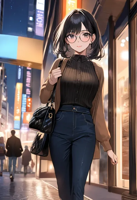 (( top quality)), (( masterpieces during breakfast )), ( Details), ( 1 Anime Girl ),  sexy, ( black hair), Bust 9０Big breasted OL in CM ,  young woman, OL and round glasses , (Woman in casual OL fashion), Woman walking around the city at night with a handb...