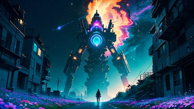 expansive landscape photograph , (View from below with a view of the sky and street below), Cyberpunk girl standing in a field of flowers looking up, (take the key: 1.2), (shooting star: 0.9), (nebula: 1.3), distant city, tree breaking production art, (sou...