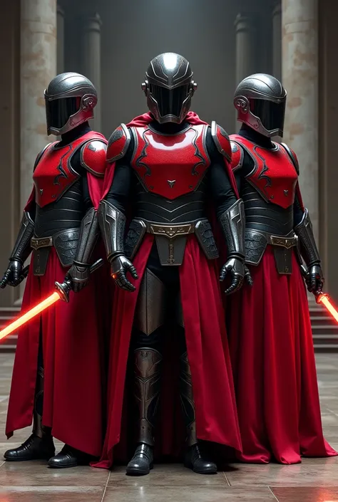 
Create a vivid depiction of three Praetorian guards standing proudly in a stark, Imperial setting. Focus on intricate details:

1. *Armor*: Intricately designed red and black armor, with precise craftsmanship.
2. *Facial Expressions*: Stern, loyal, and al...