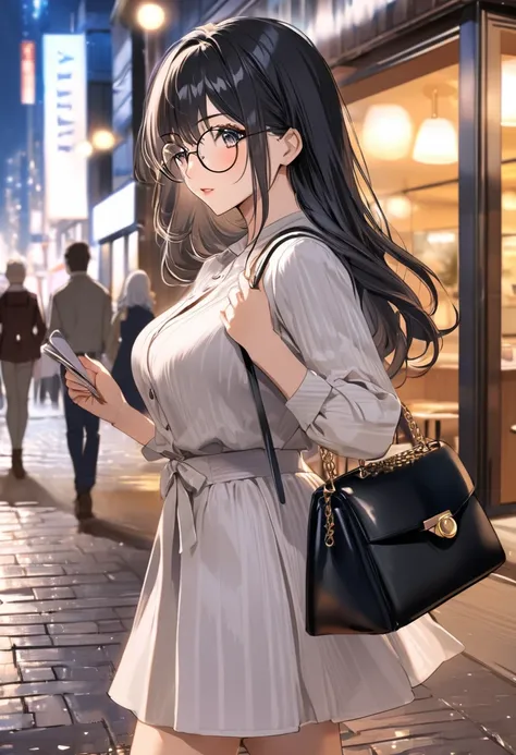 (( top quality)), (( masterpieces during breakfast )), ( Details), ( 1 Anime Girl ),  sexy, ( black hair), Bust 9０Big breasted OL in CM ,  young woman, OL and round glasses , (Woman in casual OL fashion), Woman walking around the city at night with a handb...