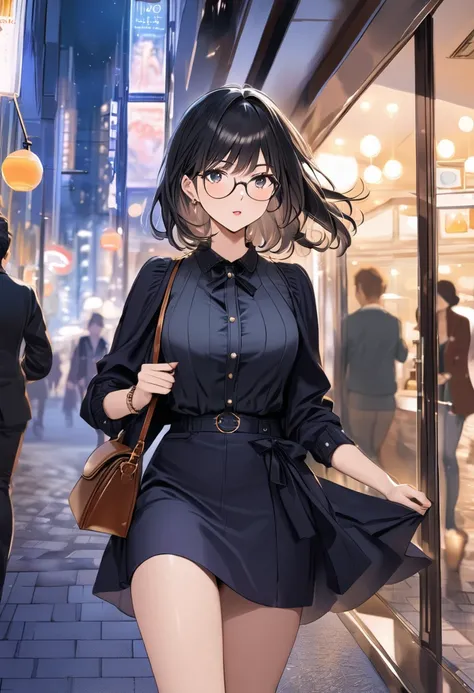 (( top quality)), (( masterpieces during breakfast )), ( Details), ( 1 Anime Girl ),  sexy, ( black hair), Bust 9０Big breasted OL in CM ,  young woman, OL and round glasses , (Woman in casual OL fashion), Woman walking around the city at night with a handb...