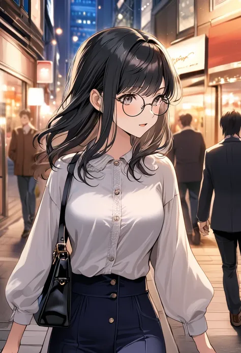 (( top quality)), (( masterpieces during breakfast )), ( Details), ( 1 Anime Girl ),  sexy, ( black hair), Bust 9０Big breasted OL in CM ,  young woman, OL and round glasses , (Woman in casual OL fashion), Woman walking around the city at night with a handb...