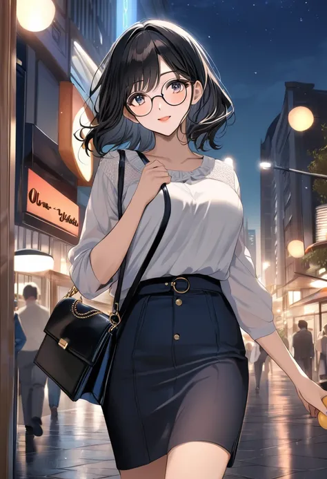 (( top quality)), (( masterpieces during breakfast )), ( Details), ( 1 Anime Girl ),  sexy, ( black hair), Bust 9０Big breasted OL in CM ,  young woman, OL and round glasses , (Woman in casual OL fashion), Woman walking around the city at night with a handb...