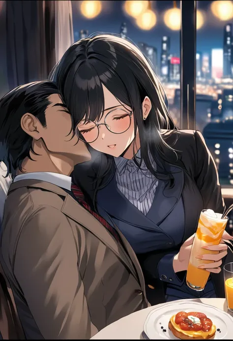 (( top quality)), (( masterpieces during breakfast )), ( Details), ( 1 Anime Girl ),  sexy, ( black hair), Bust 9０Big breasted OL in CM ,  young woman, OL and round glasses , (Woman in casual OL fashion), Woman kissing man in suit in night city