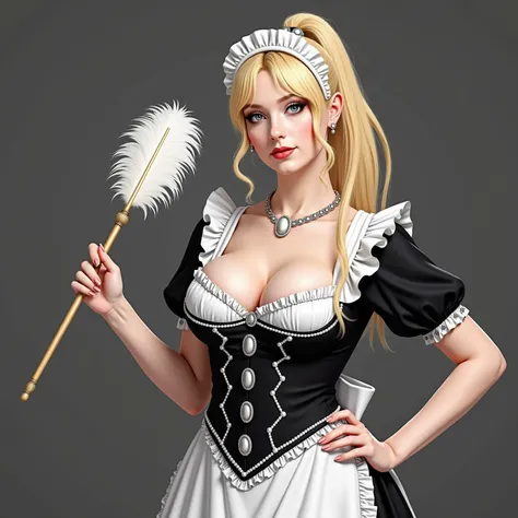 a very realistic blonde woman in a sexy black and white costume with a high ponytail holding a feather duster, reddit, renaissance, french maid, gorgeous maid, maid costume, maid outfit, maid dress, maid, wearing maid uniform, high quality costume,  jewele...