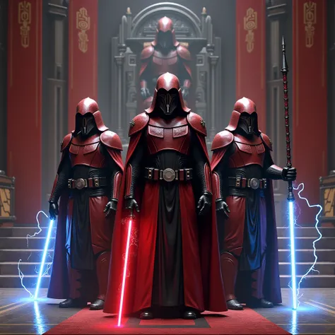 # Scene Description
Create a vivid depiction of three Imperial Praetorian Guards from the Star Wars universe, standing proudly within the grandeur of Emperor Palpatines throne room on the Galactic Empires capital planet, Byss. Focus on intricate details:

...