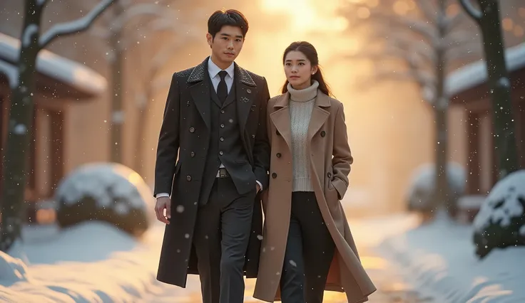 Asian couple in their 40s ,  are wearing suits and black coats.,  adapter shirt ,  denim slacks ,  Knitted cardigan ,  high-top sneakers , Autumn walk ,Long hair stuck back (female), quiet expression,  comfortable pose ,  warm lighting ,  snowstorm winter ...