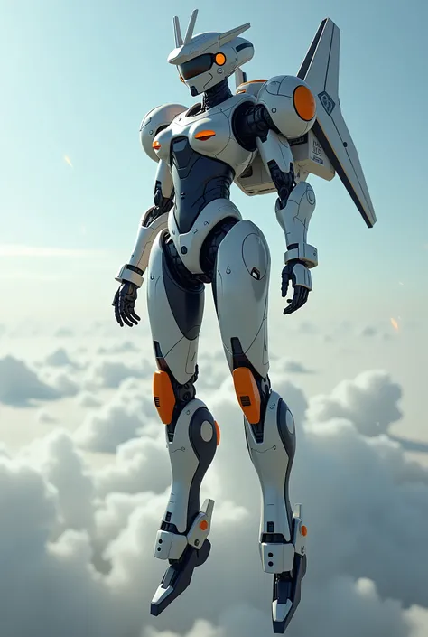 live-action、 real、 Super giant robot with a cyberpunk suit motif、White, navy blue and orange coloring、 slender female silhouette、On the foreheadＵ shaped antennas on each part 、large spherical shoulder parts、Glowing Parts 、Head with thruster 、flight機能の付いた大き...