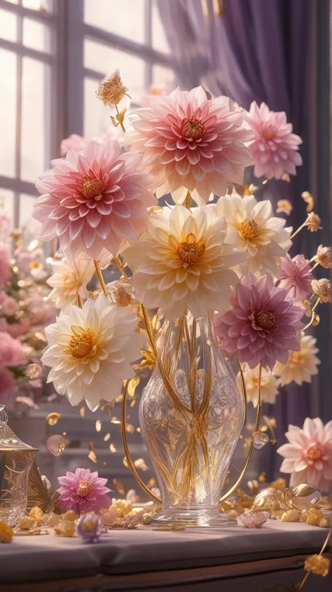  goldのチェコガラス, Lots of beautiful dahlia flowers are in a very long thin vase, soul,  fairy tale, soul、soul,  colorful , Silver,  gold,  Cinematic Lights , 8k, Bage design 、 High Quality 、 greatest masterpiece