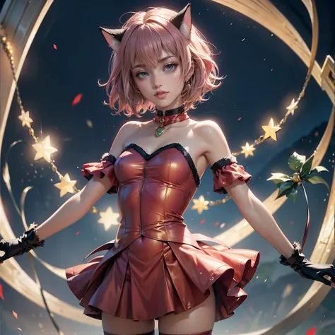  asymmetrical gloves, elbow gloves, solo, gloves, pink hair, multicolored hair, jewelry, short hair, looking at viewer, 1girl, dress, jewelry, cat ears, cat tail, solo, snow, firefly, long flowing hair, floating hair, ornament hair, Looking at the viewer, ...