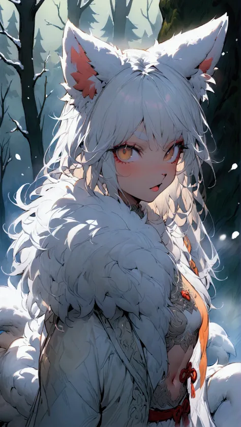   High Resolution  ,   high detail,   High Quality  ，snow，Sea of Trees， A CHINESE NINE-TAILED FOX WOMAN，long white hair，  Fluffy fur and hair  ,   White fur  ,   Furry nine-tail  , Fur gloves, Fur Vest   , navel,   Short skirt  ,  Fur skirt  ,   plush trou...