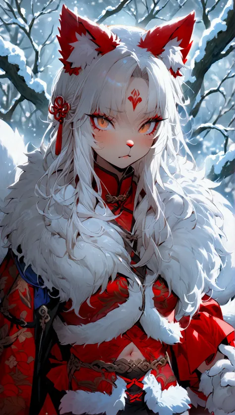   High Resolution  ,   high detail,   High Quality  ，snow，Sea of Trees， A CHINESE NINE-TAILED FOX WOMAN，long white hair，  Fluffy fur and hair  ,   White fur  ,   Furry nine-tail  , Fur gloves, Fur Vest   , navel,   Short skirt  ,  Fur skirt  ,   plush trou...