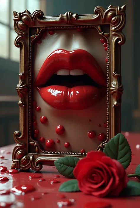 steampunk style, a close up of filler multiple red lips in a frame, a rose on a table, surreal art, detailed digital 3d art,  melting, 3d render digital art