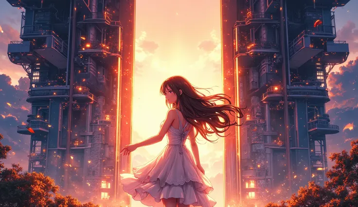 masterpiece, best quality, high resolution, 8k, detailed, intricate details, 
 dramatic moment when a young woman is about to open the door to the future、
 silhouettes of large transparent doors float in the air 、
 particles of light overflowing through th...