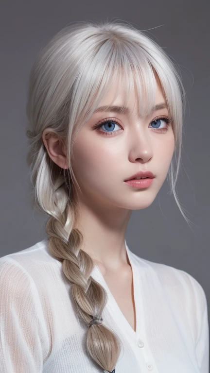 Excellent,  masterpiece, white hair, blue eyes,  white clothes , Upper body, hair,  White skin , side braid,  top quality