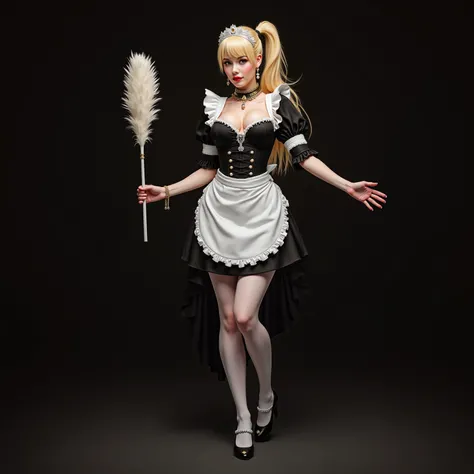 full length, a very realistic young blonde woman in a sexy black and white costume with a high ponytail holding a feather duster, renaissance, french maid, gorgeous maid, maid costume, maid outfit, maid dress, maid, wearing maid uniform, high quality costu...