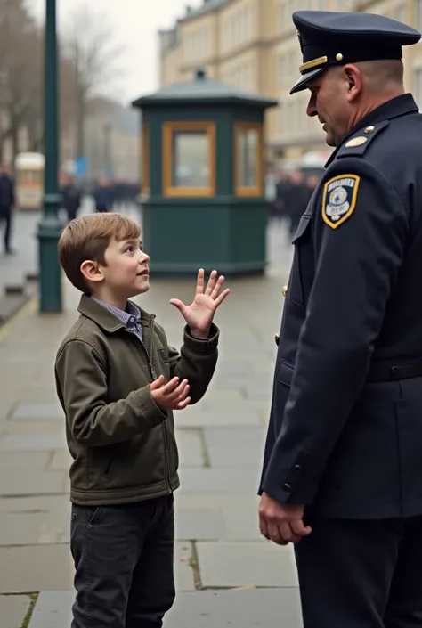 
The  gestures with his hands to indicate the size of the dog while describing it. His expression is earnest, and his small hands spread apart. The constable listens carefully, nodding slightly. The surrounding environment remains consistent with a city st...