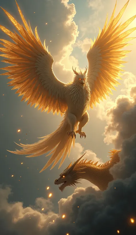 Close-up of Garuda, a majestic golden-winged creature, flying through the cloud-filled sky while staring intently at the great dragon below.