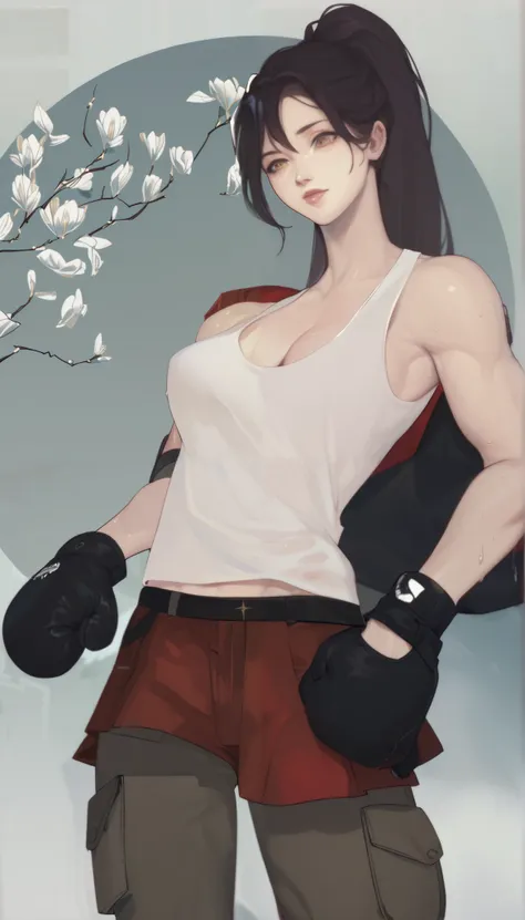 black hair,masterpiece,best quality,highres,ultra-detailed,aashizue,yellow eyes,long hair,cargo pants,(tank top:1.2), boxing gloves,cleavage,toned, sweating, (sleeveless:1.4),cowboy shot,