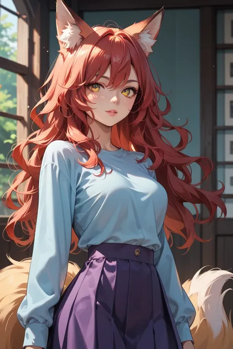 An anime character with wavy red hair, fox ears and fluffy fox tail, yellow eyes, a light blue long-sleeved shirt and a flowing purple skirt. 