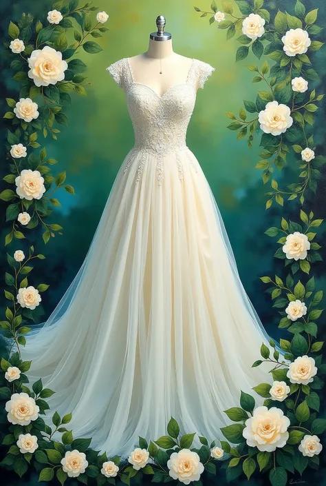  Wedding Style　 dress　Acrylic painting　flower　green　white