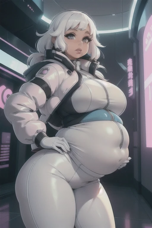 (Best quality), (high resolution), (detailed), curvy lady, chubby belly, cute thick lips, futuristic fashion, futuristic, cyberpunk, ((round belly:1.2)), long curly hair, white hair, ((cropped puffer jacket)), ((white puffer jacket)), ((white leggings))