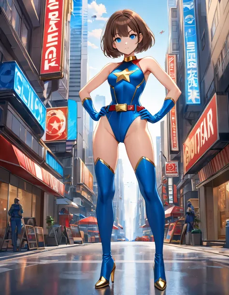 Masterpiece, best quality, high res, 8k, solo, solo focus, 1girl, superhero, brown hair, Bob hair, blue eyes, bangs, red and blue leotard, (blue briefs), (bare legs:1.2), matching boots and gloves, ankle boots, high heel boots, (star belt, high-waisted bel...