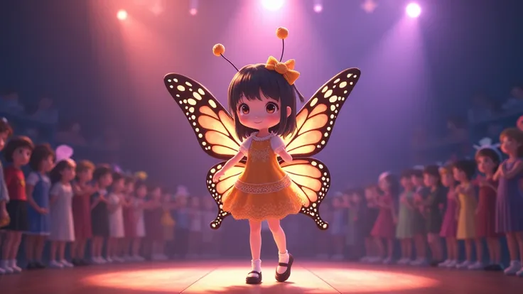 anime 7-year girl puts on her butterfly costume on and she comes to everyone to stage