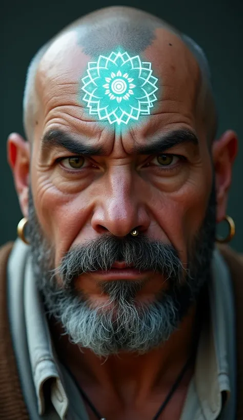 A close-up portrait of a bulky, muscular middle-aged man with a square jaw. He is bald, with a thick mustache and no beard or goatee. A glowing, translucent mandala tattoo is on his forehead, radiating soft, ethereal light. The man wears ethnic titanium ea...