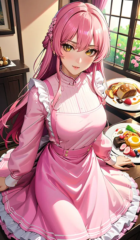 (  masterpieces during breakfast , top quality, Ultra A High Resolution), Japanese woman in charge of horn, ((( very beautiful 25 year old girl))),  cute girl、The dress completely covers the whole body .、( shiny pink long sleeve maid outfit)、 high neck shi...