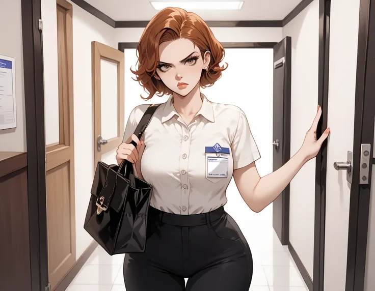 {{score_9, score_8_up, score_7_up, source_anime, rating_safe}} soft shading, 1girl, auburn hair, straight_hair, lips, brown_eyes, employee_uniform, wide_hips, denin_pants, annoyed, upset, frowning, carrying a satchel, standing at a a front door, looking at...