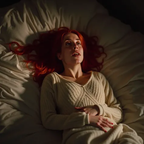 better quality, masterpiece , ultra high resolution, ( photorealistic :1.4), 😭 🤮 💕 🎀, raw photo, 1 girl yawning sleeping in bed, sexy chica, red hair, dramatic lighting , full body wool sweater, bitch, bikini, huge breasts, in bad
