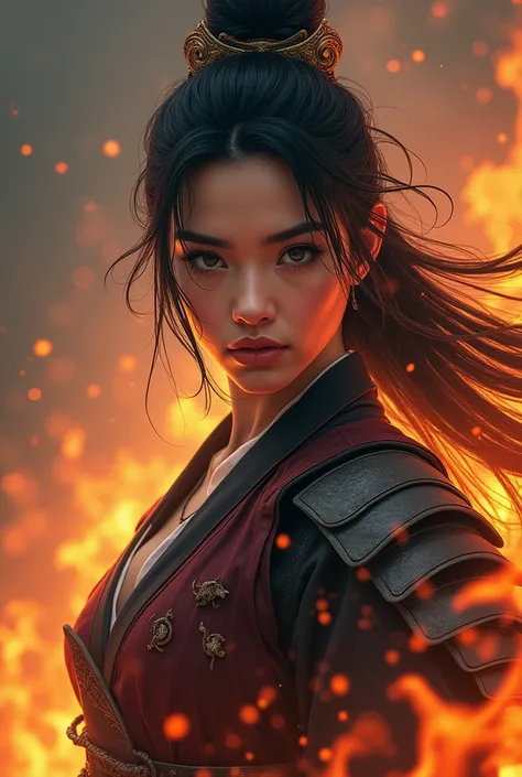  A beautiful and fierce female samurai warrior with a deep gaze,and with footage of fire flying around her face . Epic fantasy style .
