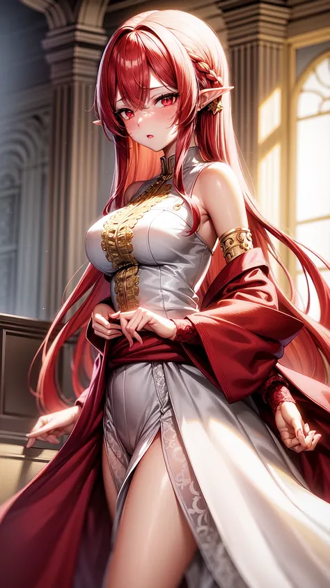  anime girl image,red eyes, red hair,Elf ears,eleven, white dress ,long skirt,Milf,adult woman, long hair , wavy hair,beautiful, seductive face , seductive face ,Dressed like an angel, with gold detail on the waist , with transparent lace sleeves,with gold...