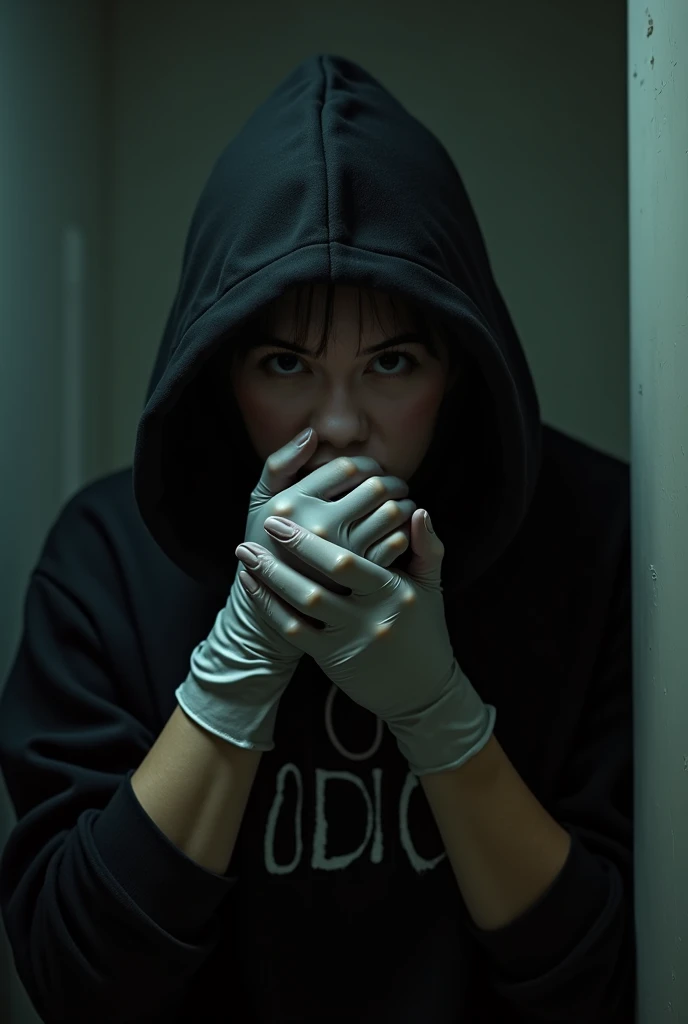 Malaysian girl, (women covering men mouth from behind, tight surgical glove), holding man from behind , white medical gloves, in the room, black hoodie, hood up, latex gloves, behind man, looking at viewer, night, mass murderer, killer, chase down