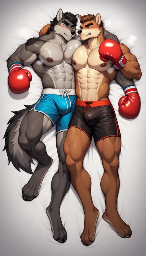 Duo anthro male(anthro Brown Wolf with vs anthro Gray Wolf), handsomes(handsome hairstyles, Thick eyebrows, detailed face), gay(Both lying down, Cuddling embraced at each other, body frottage, up perspective, full body, on a bed match, black background), h...