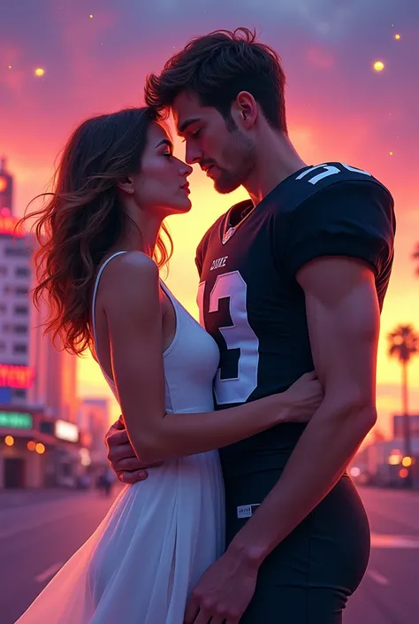 Book cover illustration of a brown-haired young woman wearing a white dress with a green-eyed young man dressed as a quarterback in a black uniform,  in the colors pink, purple, Las Vegas-style orange and blue , sunset
